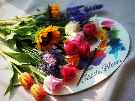 Vibrant spring flowers on artist s paletteの写真素材