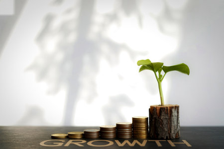 A small plant sprouts from a log beside a rising stack of coins, symbolizing financial growth and investment returns against a blurred background.の写真素材