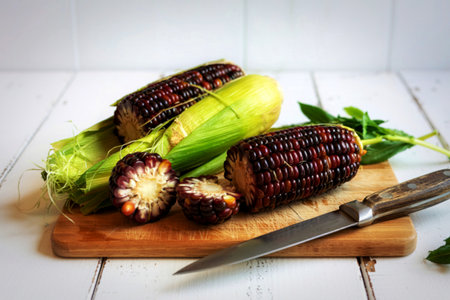side view of sliced brown seeded cob on cutting board and knife on wooden surface and white backgroundの写真素材