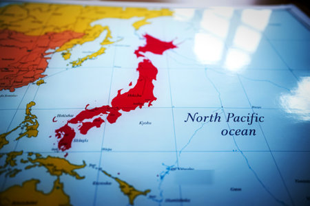 A close-up view of a world map highlights Japan in red, with labels for Honshu and Kyushu. The North Pacific Ocean is clearly marked, with surrounding landmasses in yellow and orange.の写真素材