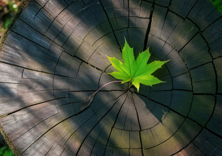 A single, bright green maple leaf with a delicate stem lies on the textured surface of a dark, weathered tree stump, casting subtle shadows.の写真素材