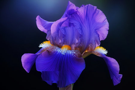 A stunning macro photograph captures the intricate details of a blooming purple iris. Its velvety petals unfold gracefully, revealing a vibrant yellow center and delicate white filaments.の写真素材