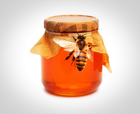 Honey bee in jar isolate on white backgroundの写真素材
