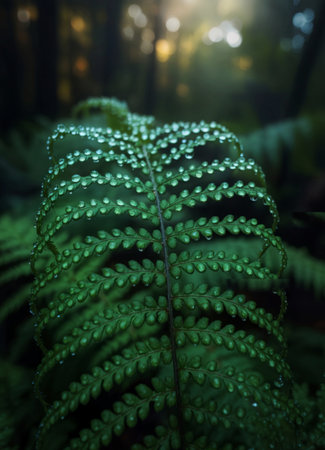 Dew drops on a fern leaf in a forestの写真素材
