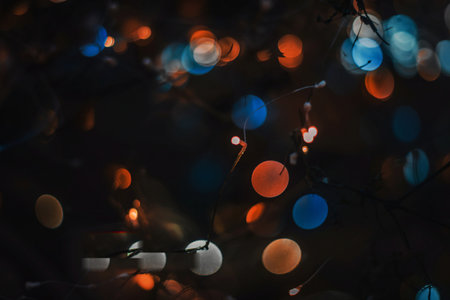 Out of focus image of blue, orange, and white bokeh lights strung on dark branches against a blurred night background. The overall mood is serene and magical.の写真素材