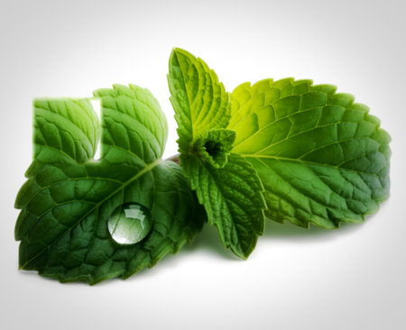 A close-up studio shot features vibrant green mint leaves, showcasing their textured surfaces and serrated edges. A single, clear water droplet rests on one leaf.の写真素材