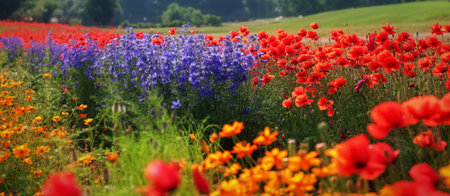 A picturesque meadow bursts with color, featuring rows of bright red poppies, delicate blue delphiniums, and cheerful orange cosmos flowers in full bloom.の写真素材