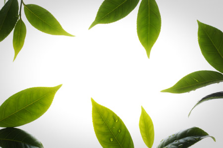 A vibrant arrangement of fresh green leaves, some adorned with delicate water droplets, are scattered across a bright white background, creating a clean and natural aesthetic.の写真素材