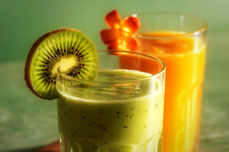 A close-up shot features a vibrant green kiwi smoothie in a glass, garnished with a slice of kiwi. In the background, a glass of bright orange juice is visible, adorned with a delicate flower.の写真素材