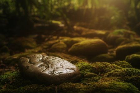 Wet river rock on mossy forest floorの写真素材