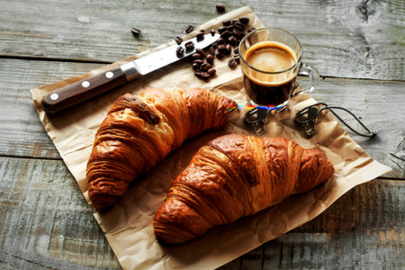 Espresso coffee and two croissant in cutting broad on isolated grey wood table backgroundの写真素材