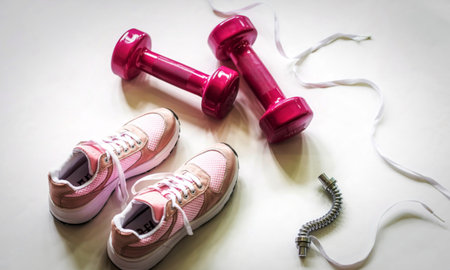 pair of pink sneakers and purple dumbbells on a white background, sports