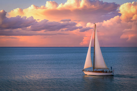 A classic sailboat glides across a calm ocean under a breathtaking sunset sky filled with vibrant...