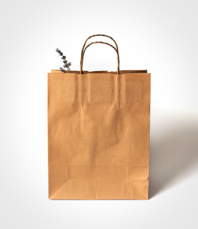 A plain brown paper shopping bag with twisted handles sits against a white background. A delicate...