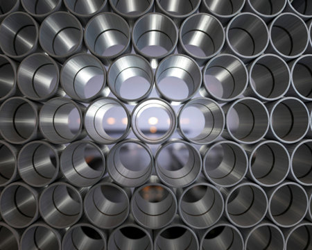 A close-up, abstract view of numerous metallic cylindrical tubes stacked in a grid. Light reflects...