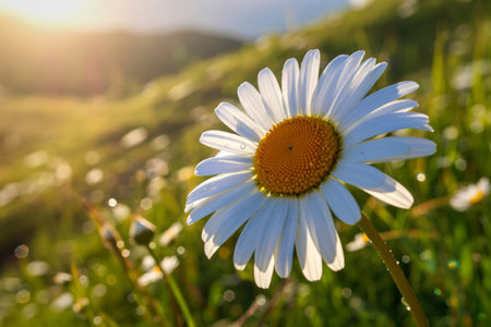 A single daisy in a field of daisies, glistening with morning dew, is illuminated by the rising sun...