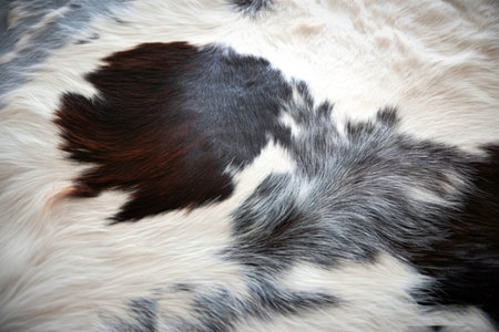 A detailed, up-close view of a natural cowhide rug, showcasing its unique pattern of brown, black,...