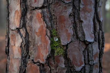 A close-up reveals the textured bark of a pine tree, with a single drop of resin nestled amongst a...