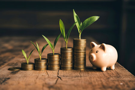 Stacks of coins with growing plants represent financial growth, alongside a piggy bank symbolizing...