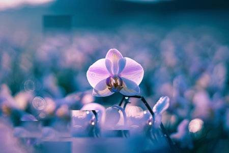 A single, luminous orchid with soft pink and white petals is the focal point, surrounded by a bokeh...
