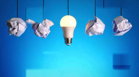A single, illuminated light bulb stands out against a gradient blue background, suspended by a...