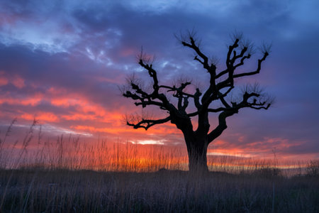 A stark silhouette of a leafless tree stands in a field of tall grass against a vibrant sunset sky....