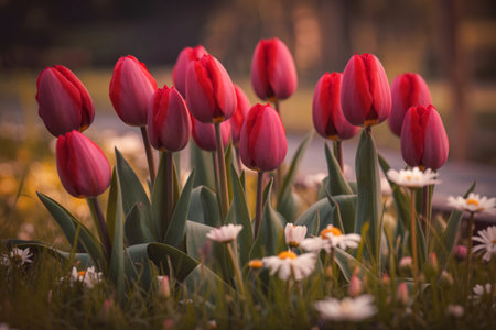 A cluster of vibrant red tulips blossoms amidst a bed of delicate white daisies, creating a stunning spring scene.の写真素材