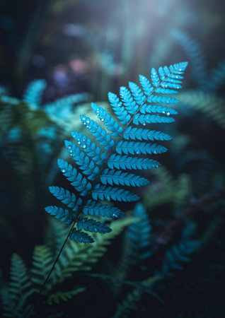 A single fern frond, a striking teal color, is adorned with glistening dew drops. It stands out...