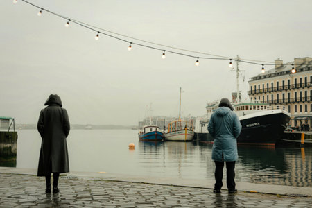 Two people wearing hooded coats stand on a wet cobblestone path facing a harbor with boats and buildings. String lights hang overhead.の写真素材