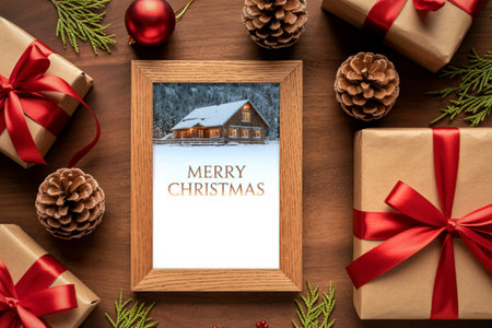 A flat lay showcasing a rustic wooden frame featuring a winter cabin scene. The frame rests on a wood background surrounded by gifts tied with red ribbons and pine cones. Perfect for holiday cards, blogs, or social media.の写真素材