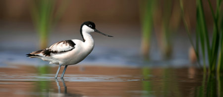 A pied avocet stands in shallow water, its reflection visible on the surface. The background is blurred, showcasing tall grasses.の写真素材