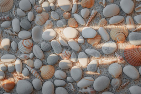 A collection of various seashells and smooth, light-colored stones arranged on a sandy beach...