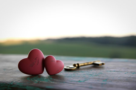Two heart shapes, one slightly larger than the other, rest on a weathered wooden surface. A vintage golden key lies beside them, with a blurred natural landscape in the background.の写真素材