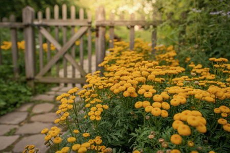 A pathway lined with vibrant yellow tansy flowers leads to a rustic wooden gate in a tranquil garden setting. The scene evokes a sense of peace and natural beauty.の写真素材