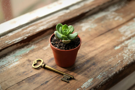 Succulent plant in pot with antique key on wooden windowsillの写真素材