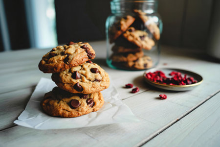 A close-up shot features a stack of three freshly baked chocolate chip cookies on white parchment...