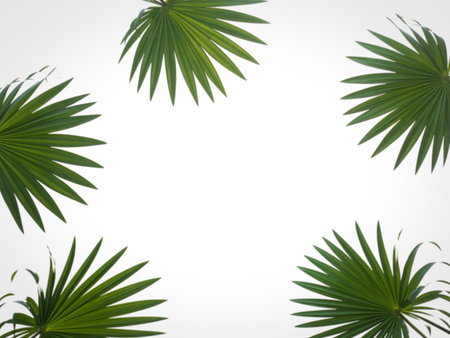Several vibrant green palm fronds are artfully arranged in a circular pattern against a clean white background, creating a natural and refreshing aesthetic.の写真素材
