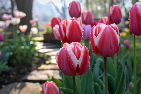 A close-up shot captures vibrant red and white tulips adorned with morning dew, set against a blurred backdrop of a garden path and other blossoms.