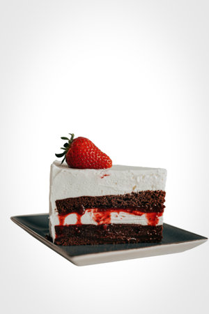 A tempting slice of layered chocolate cake with strawberry filling and a fresh strawberry on top,...