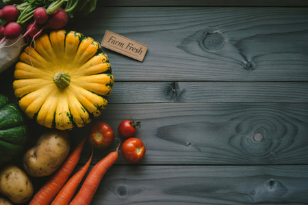 A vibrant assortment of fresh, organic vegetables including squash, carrots, tomatoes, and radishes are artfully arranged on a weathered wooden table.の写真素材