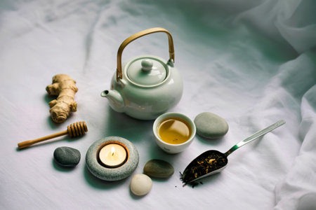 A tranquil scene featuring a white teapot, a cup of tea, ginger, a candle, and tea leaves, arranged on a textured surface.の写真素材