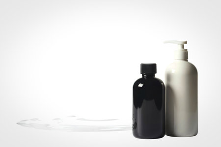 A dark glass bottle and a white pump bottle stand against a stark white backdrop.の写真素材