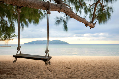 A wooden swing hangs from a tree branch on a sandy beach, with the calm ocean and a distant island under a cloudy sky.の写真素材