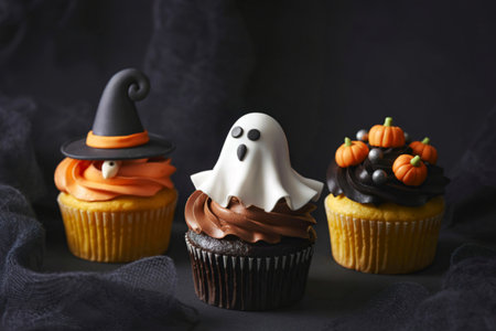 Three Halloween themed cupcakes are displayed against a dark background. One is decorated as a...