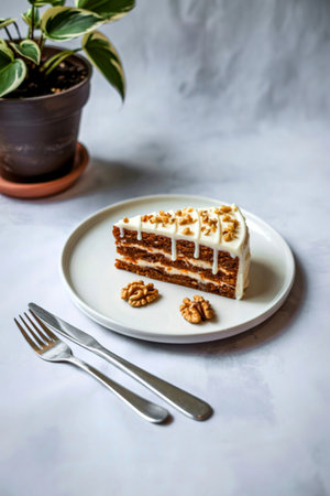 A tempting slice of carrot cake with creamy frosting and crunchy walnuts is presented on a white plate with cutlery.の写真素材