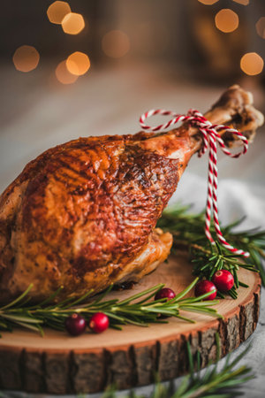 A beautifully roasted turkey leg, adorned with a red and white striped ribbon and fresh rosemary sprigs, sits on a rustic wooden board.の写真素材
