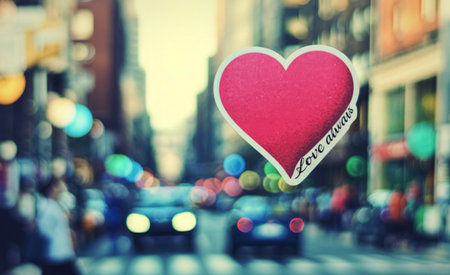 A vibrant pink heart sticker is placed on a window overlooking a bustling city street at night, with soft bokeh lights creating a dreamy atmosphere.の写真素材
