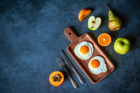 A top-down view of a rustic wooden board with two perfectly fried eggs, accompanied by sliced apples, a pear, and orange segments.の写真素材