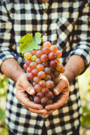 A person in a plaid shirt holds a large cluster of ripe, colorful grapes in their hands, showcasing a harvest from a vineyard.の写真素材