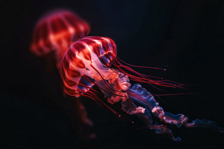 A stunning, bioluminescent red jellyfish drifts gracefully through the dark, deep ocean, its tentacles trailing behind.の写真素材
